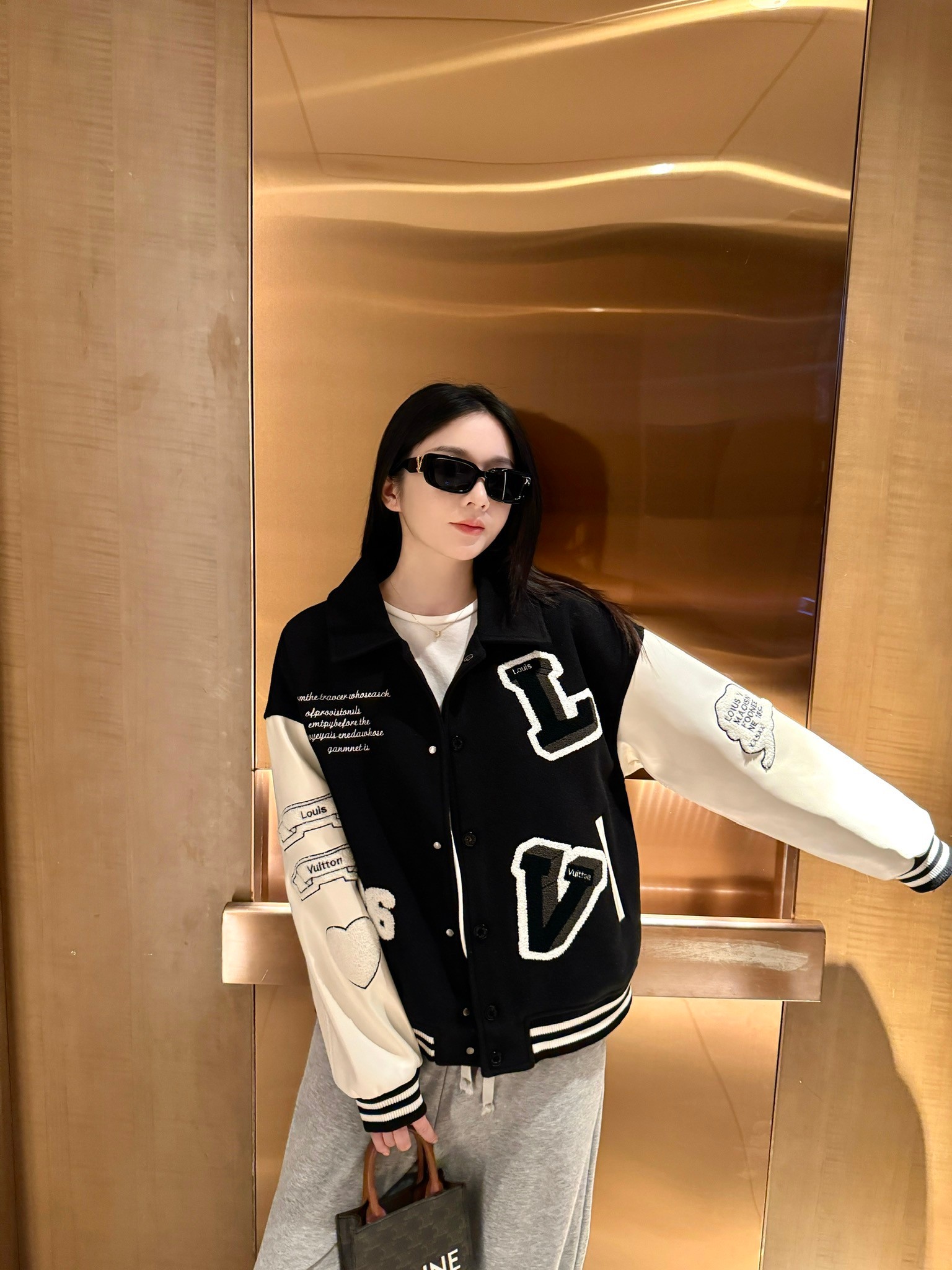 Louis Vuitton Flocked Monogram Embroidered Spliced Baseball Jacket