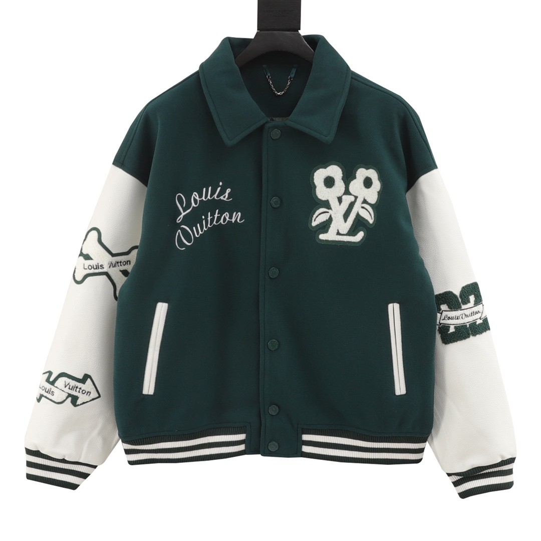 Louis Vuitton Flocked Monogram Embroidered Spliced Baseball Jacket Jacket