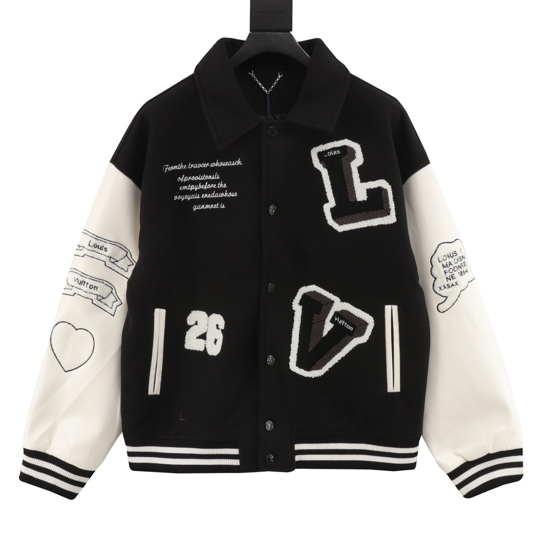 Louis Vuitton Flocked Monogram Embroidered Spliced Baseball Jacket