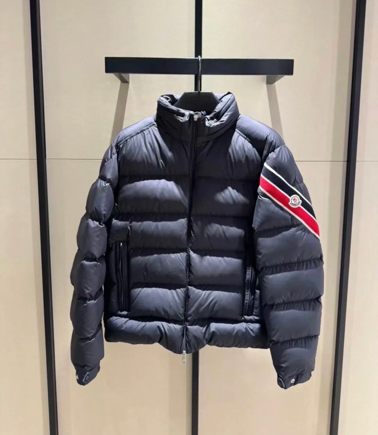 Moncler Solayan Men's Short Down Jacket Coat with Tricolor Trim