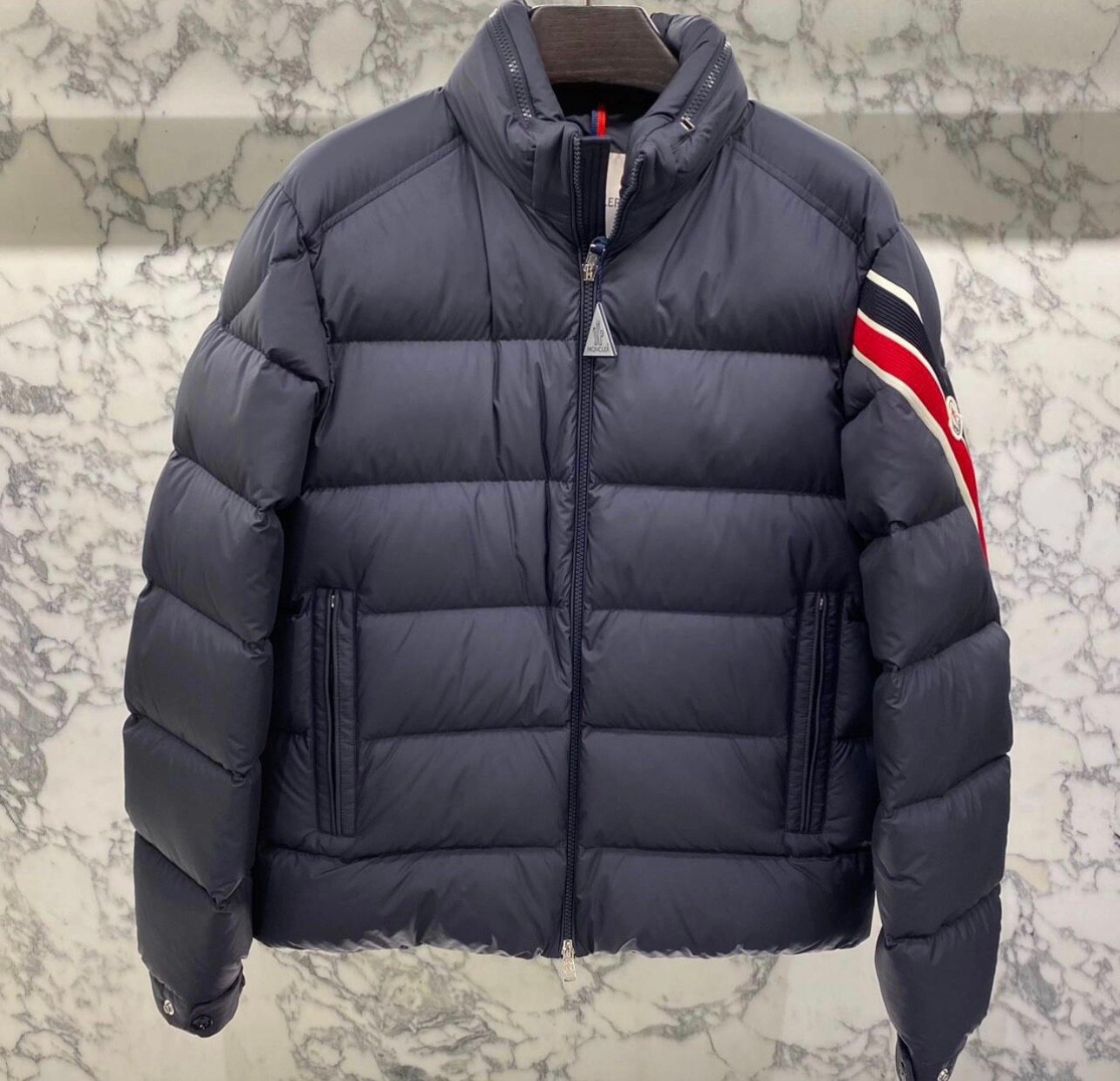 Moncler Solayan Men's Short Down Jacket Coat with Tricolor Trim