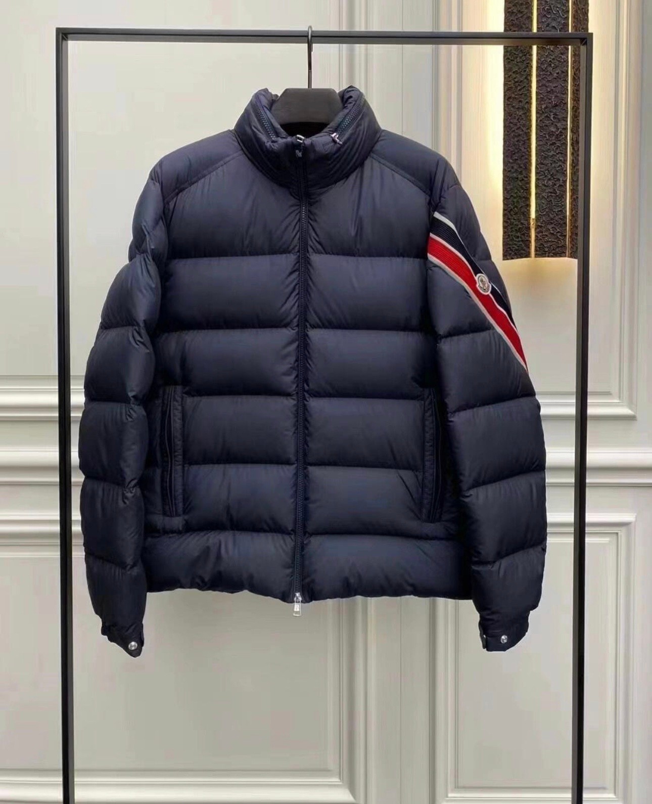 Moncler Solayan Men's Short Down Jacket Coat with Tricolor Trim