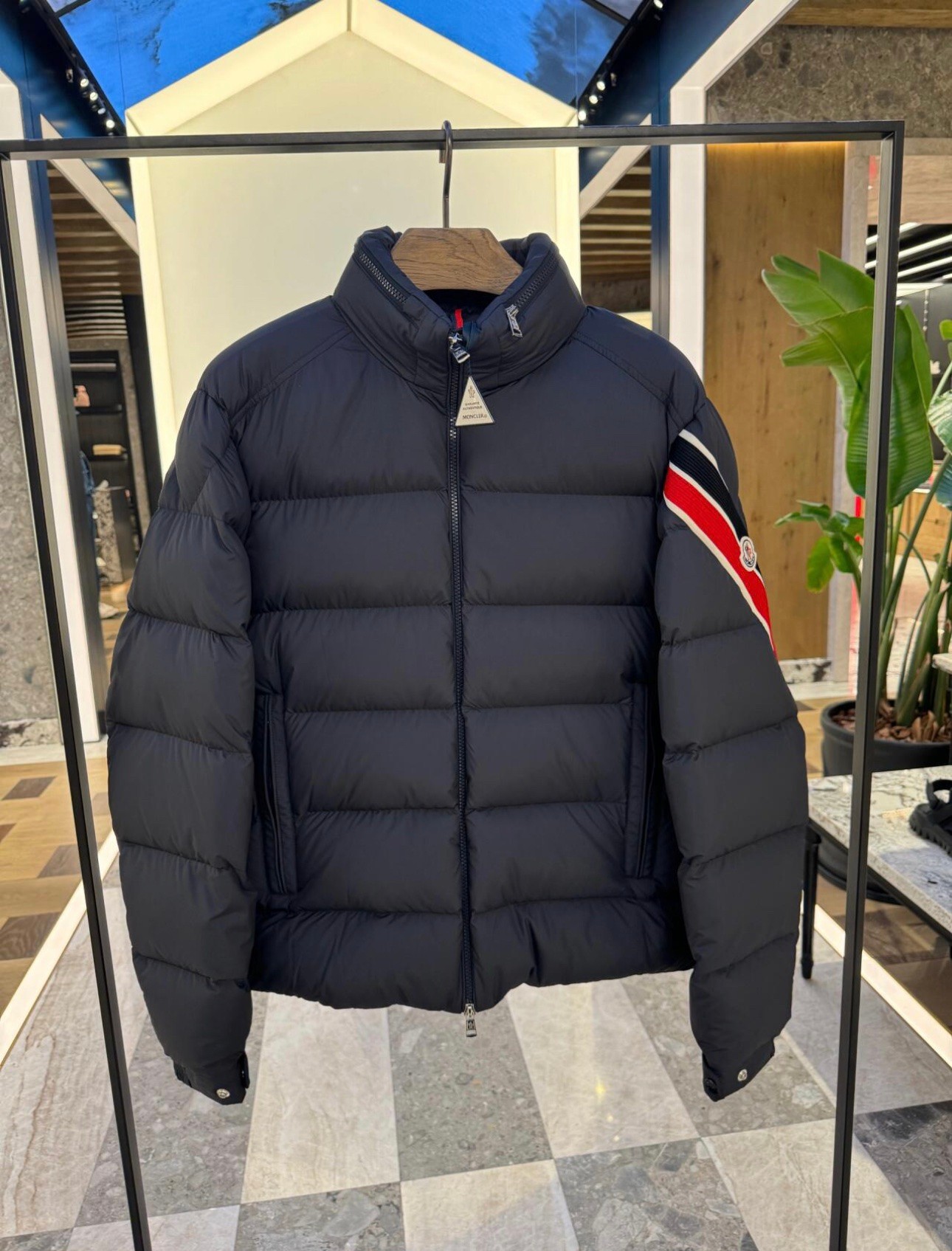 Moncler Solayan Men's Short Down Jacket Coat with Tricolor Trim