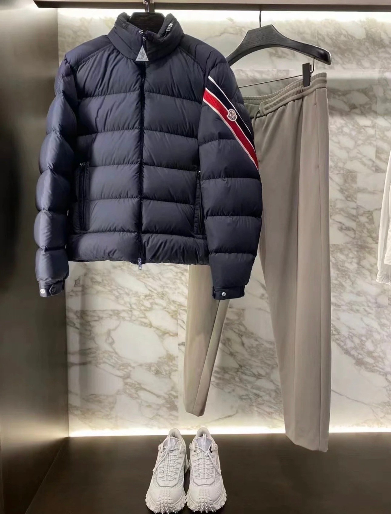 Moncler Solayan Men's Short Down Jacket Coat with Tricolor Trim