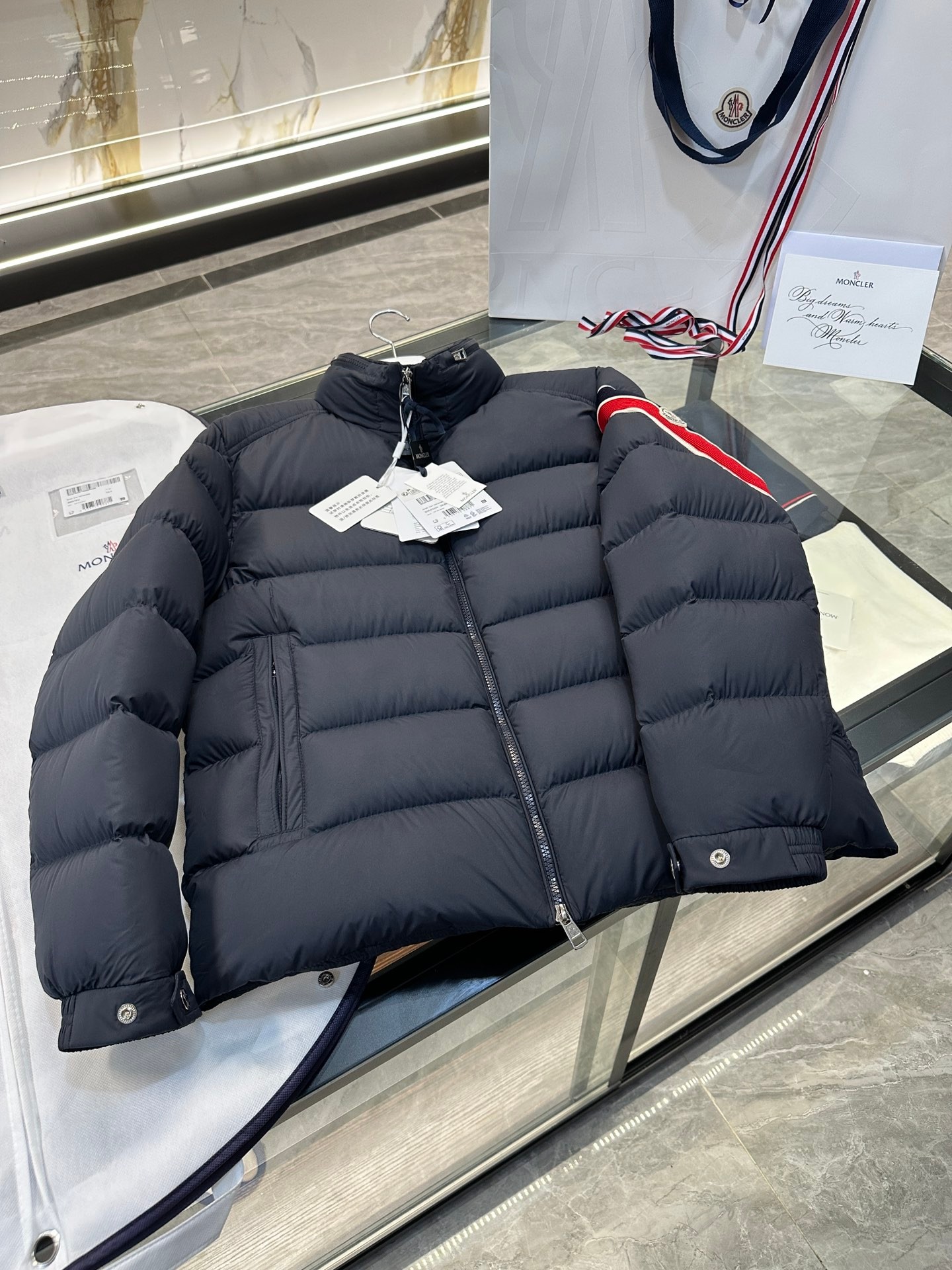 Moncler Solayan Men's Short Down Jacket Coat with Tricolor Trim