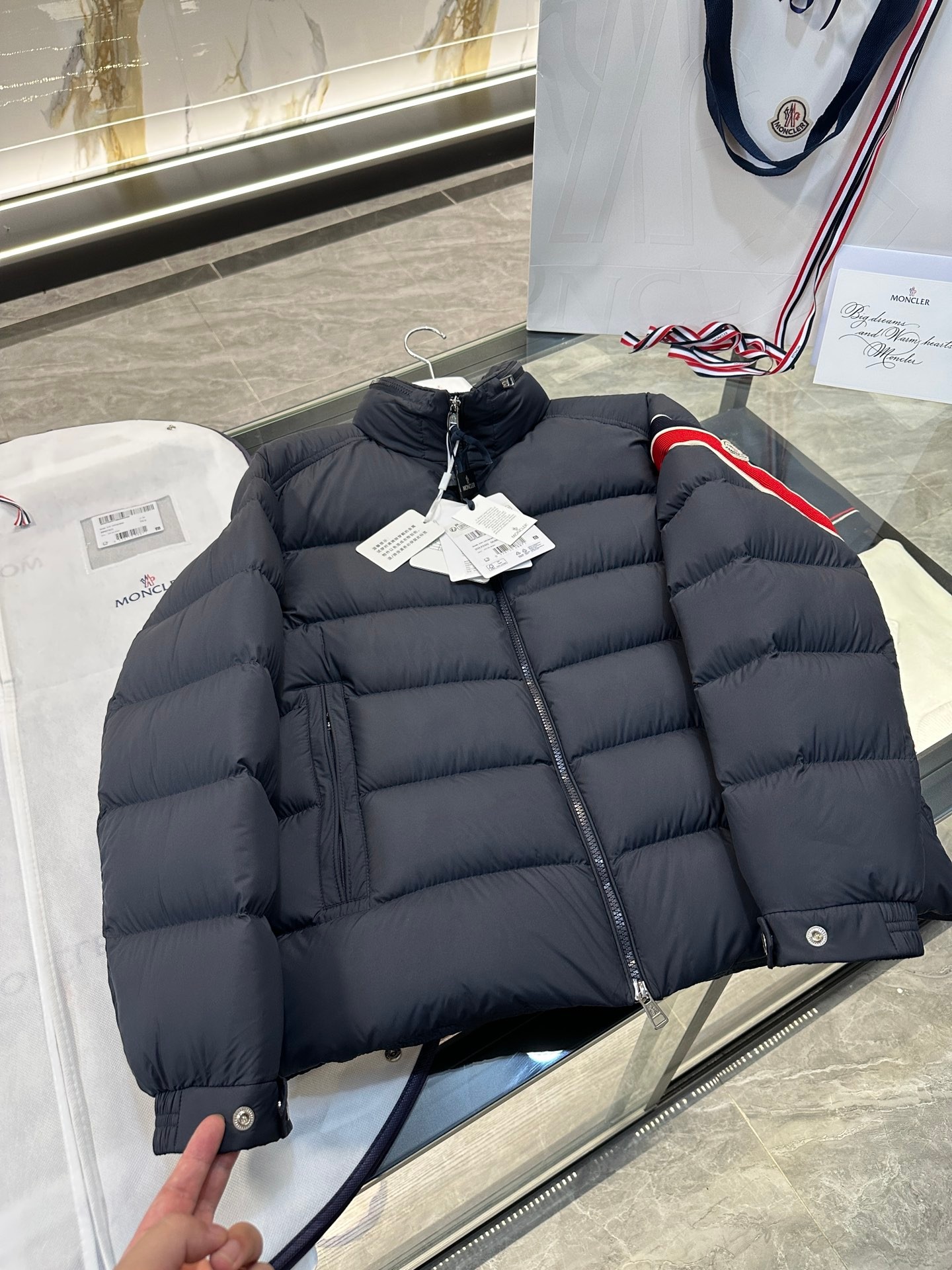 Moncler Solayan Men's Short Down Jacket Coat with Tricolor Trim