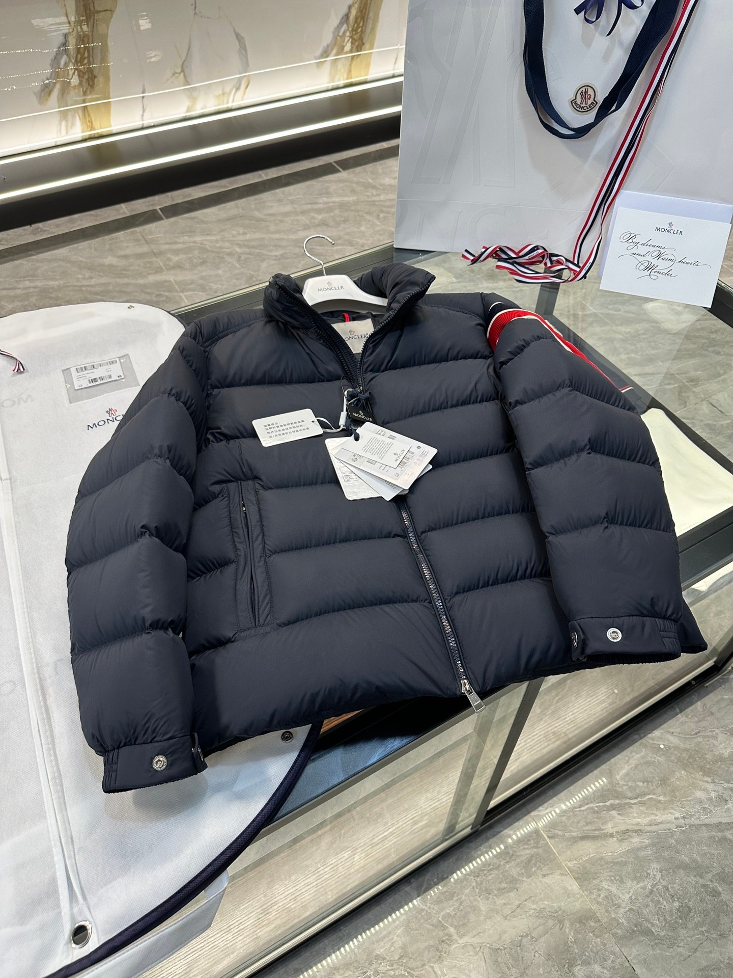 Moncler Solayan Men's Short Down Jacket Coat with Tricolor Trim