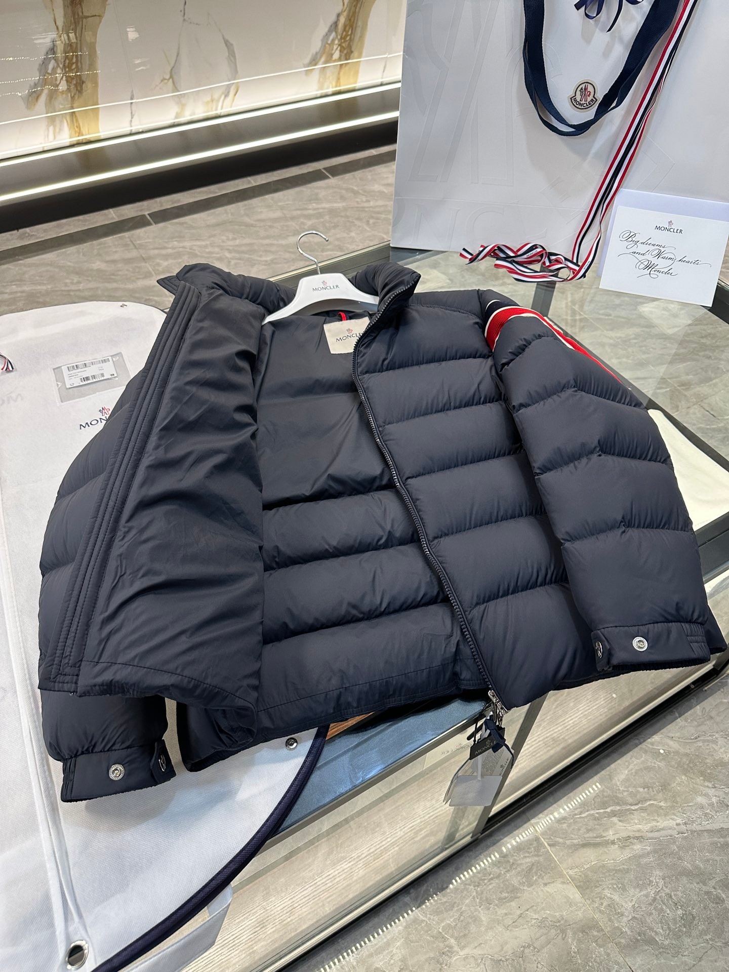 Moncler Solayan Men's Short Down Jacket Coat with Tricolor Trim