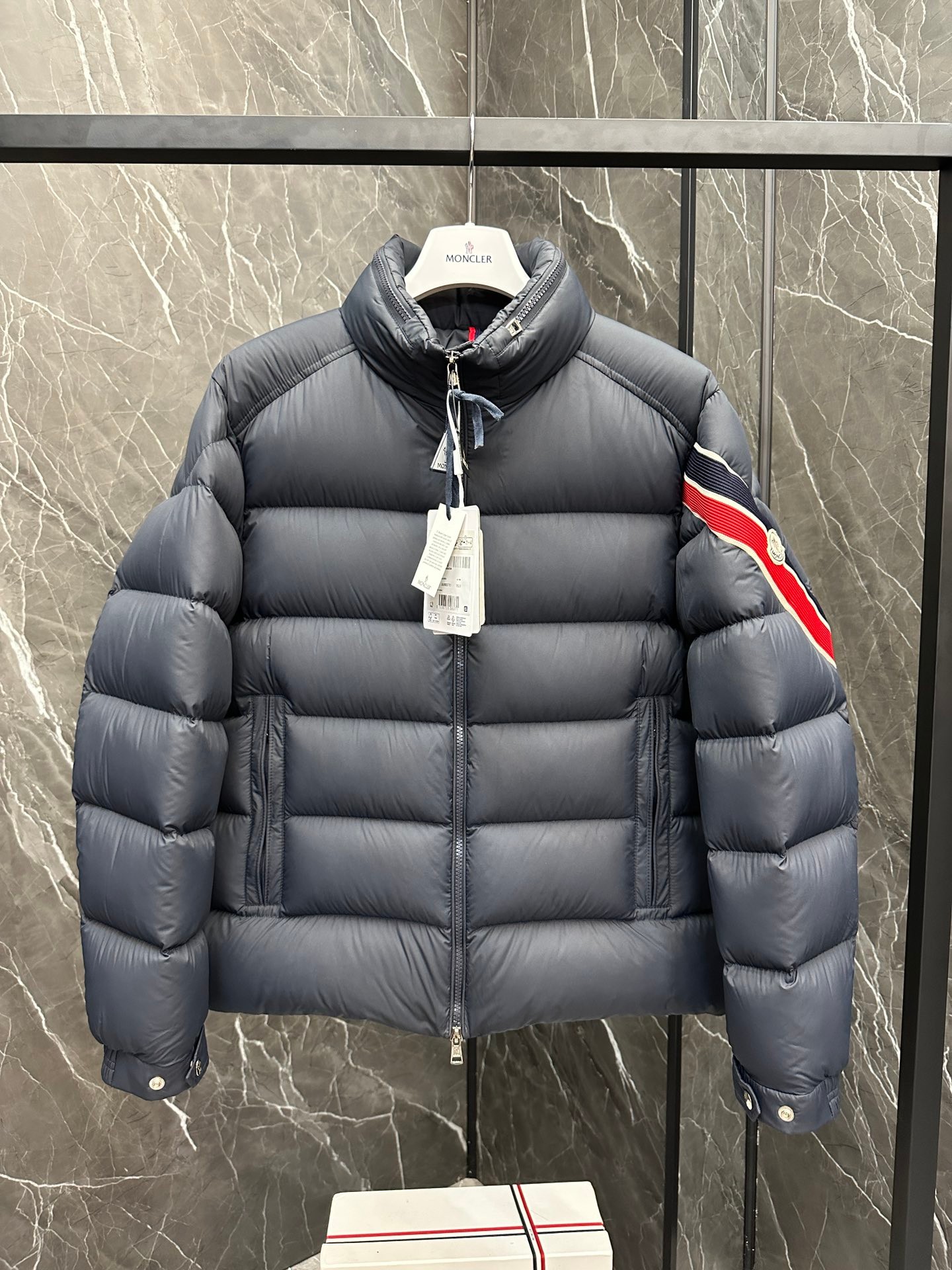 Moncler Solayan Men's Short Down Jacket Coat with Tricolor Trim