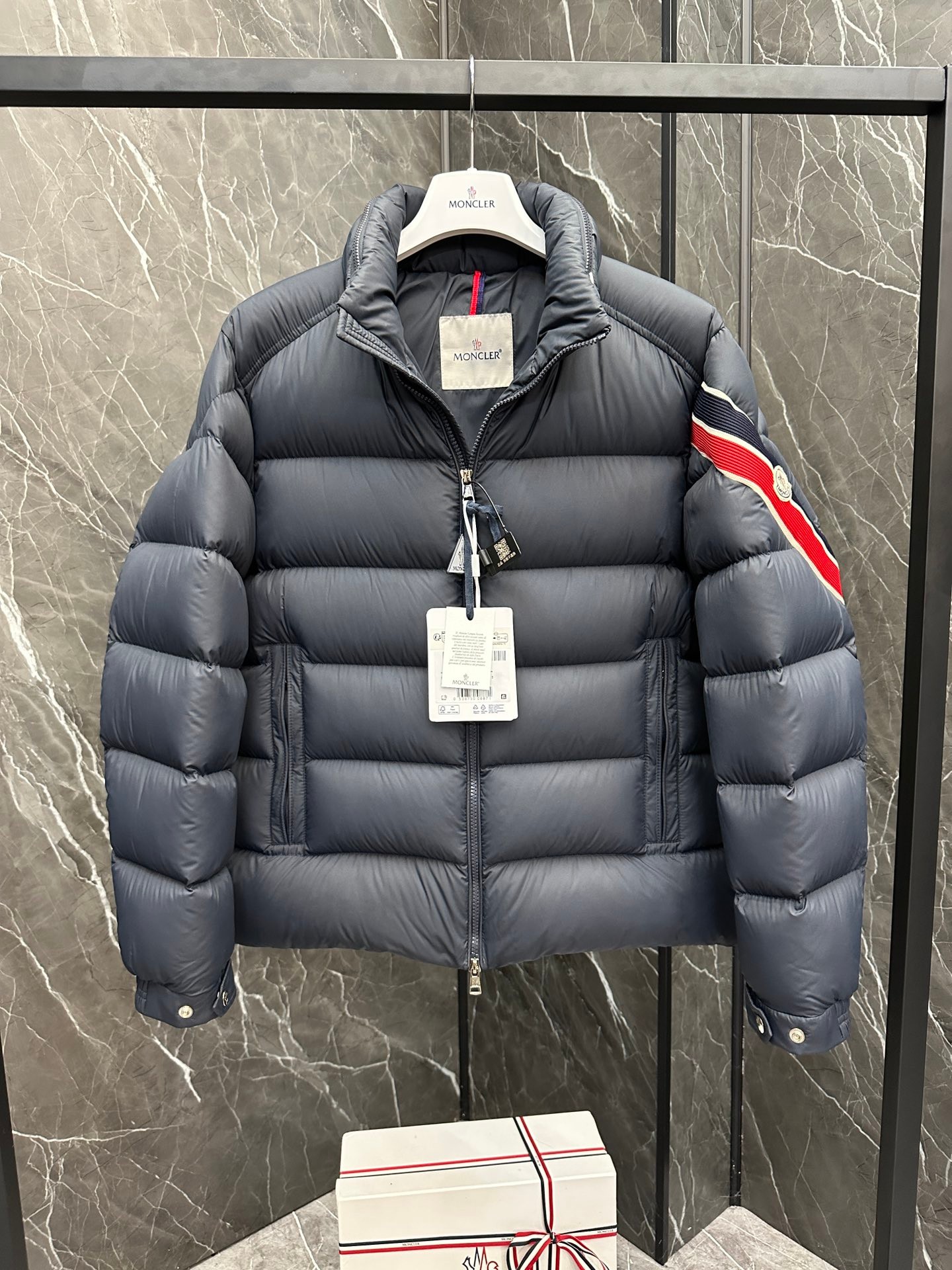 Moncler Solayan Men's Short Down Jacket Coat with Tricolor Trim