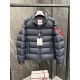 Moncler Solayan Men's Short Down Jacket Coat with Tricolor Trim