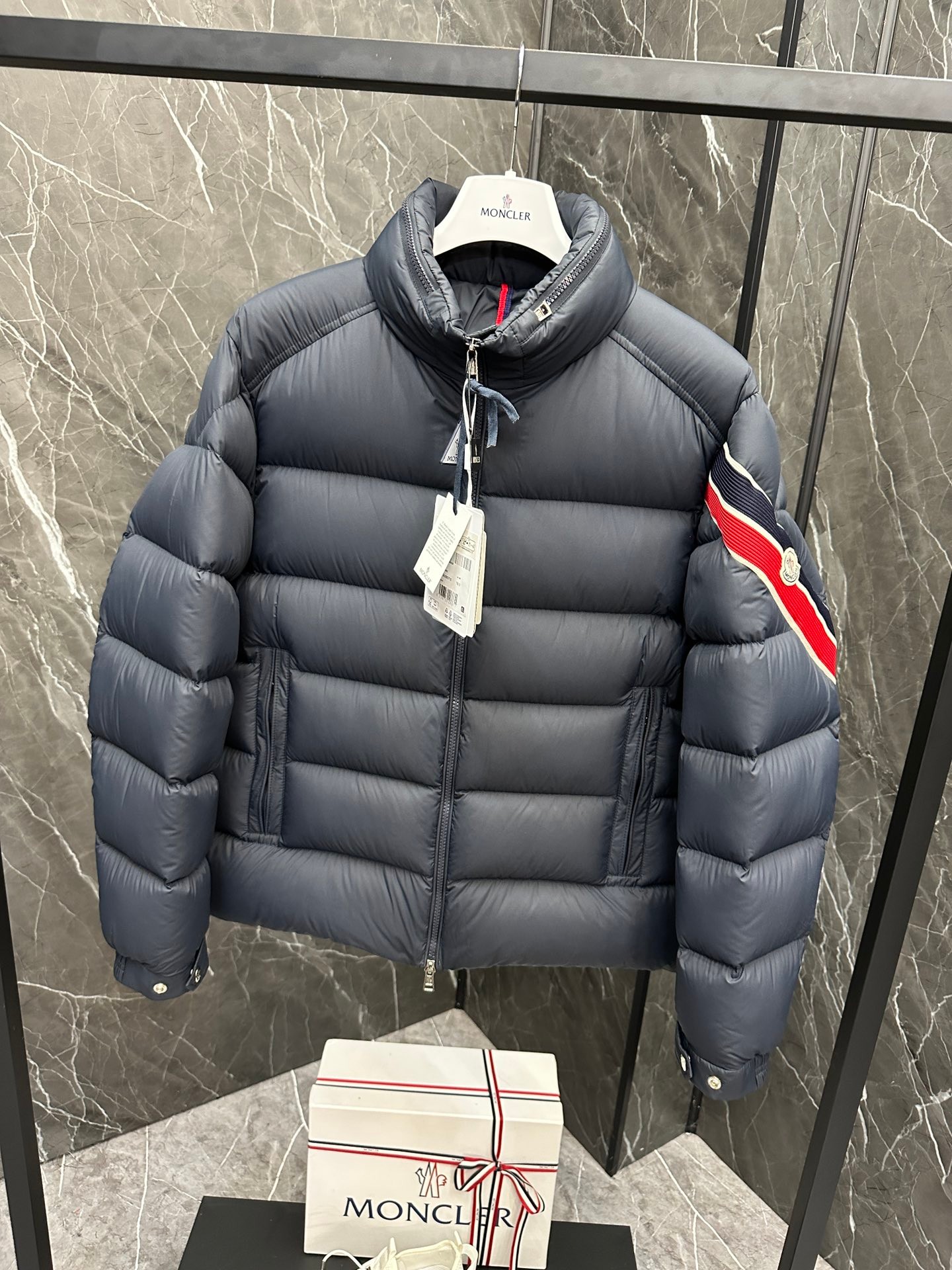 Moncler Solayan Men's Short Down Jacket Coat with Tricolor Trim