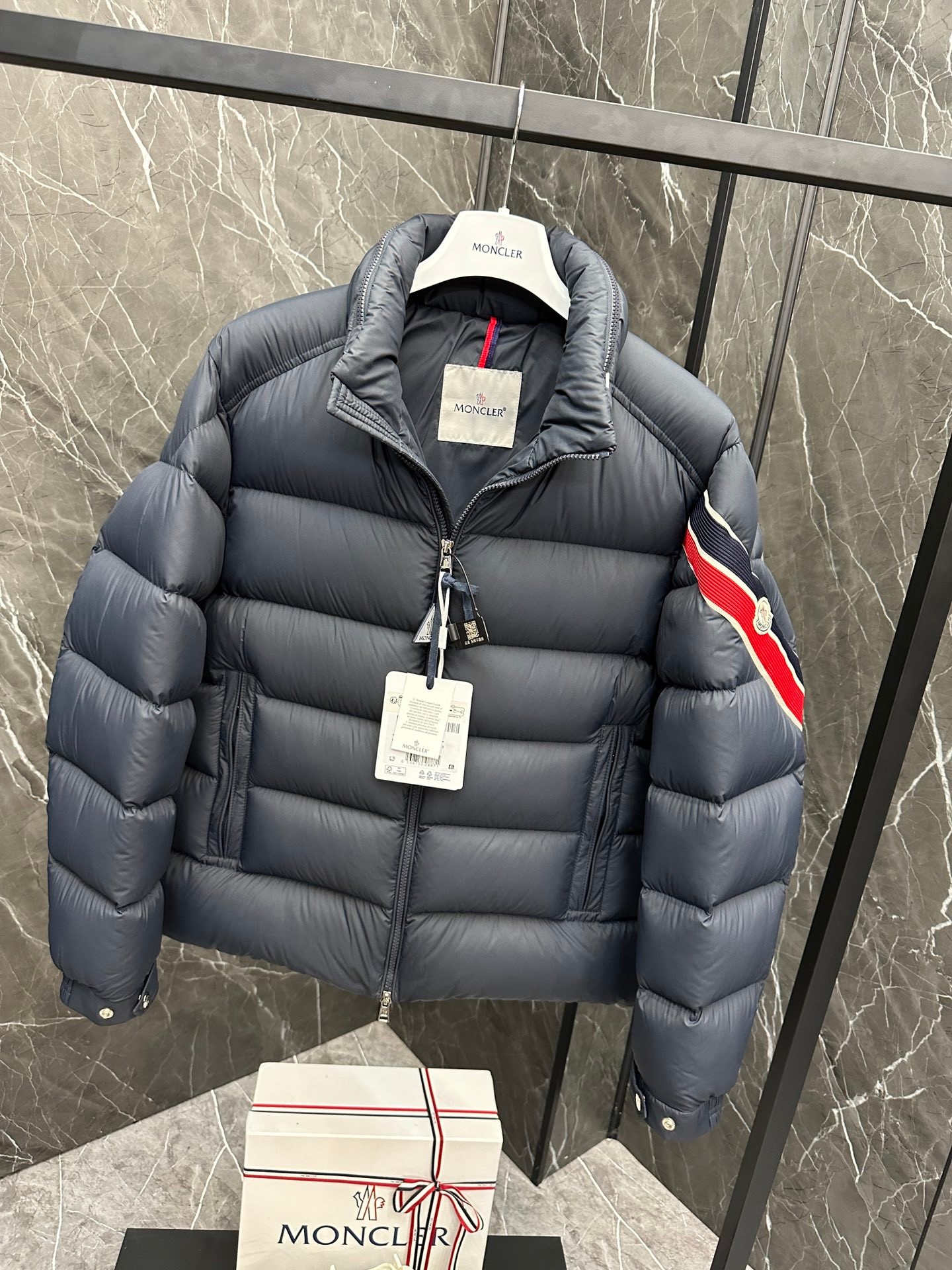 Moncler Solayan Men's Short Down Jacket Coat with Tricolor Trim