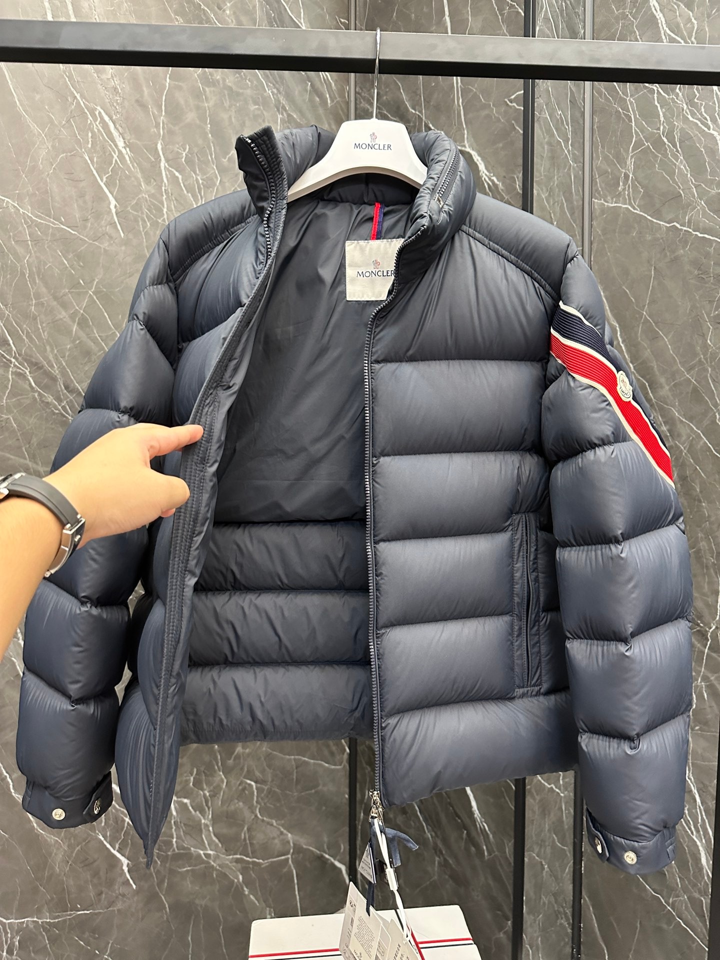 Moncler Solayan Men's Short Down Jacket Coat with Tricolor Trim