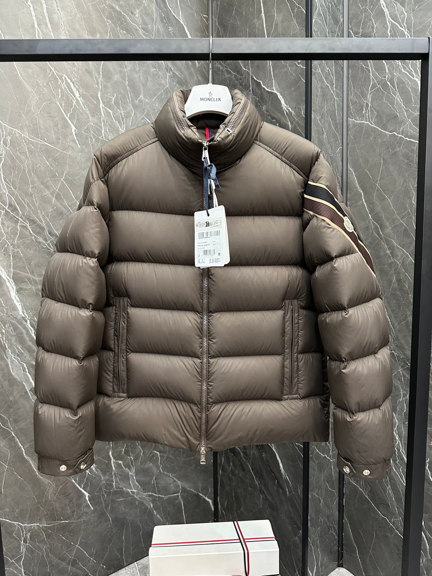 Moncler Solayan Men's Short Down Jacket Coat with Tricolor Trim