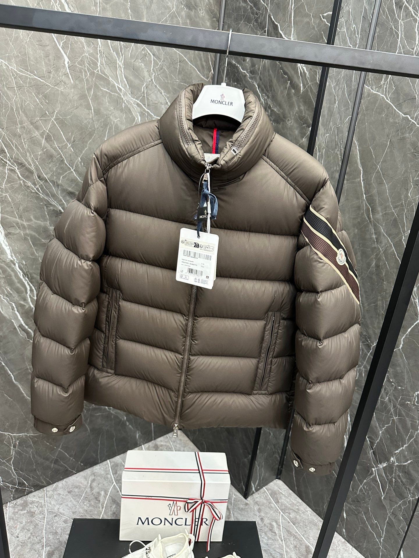 Moncler Solayan Men's Short Down Jacket Coat with Tricolor Trim