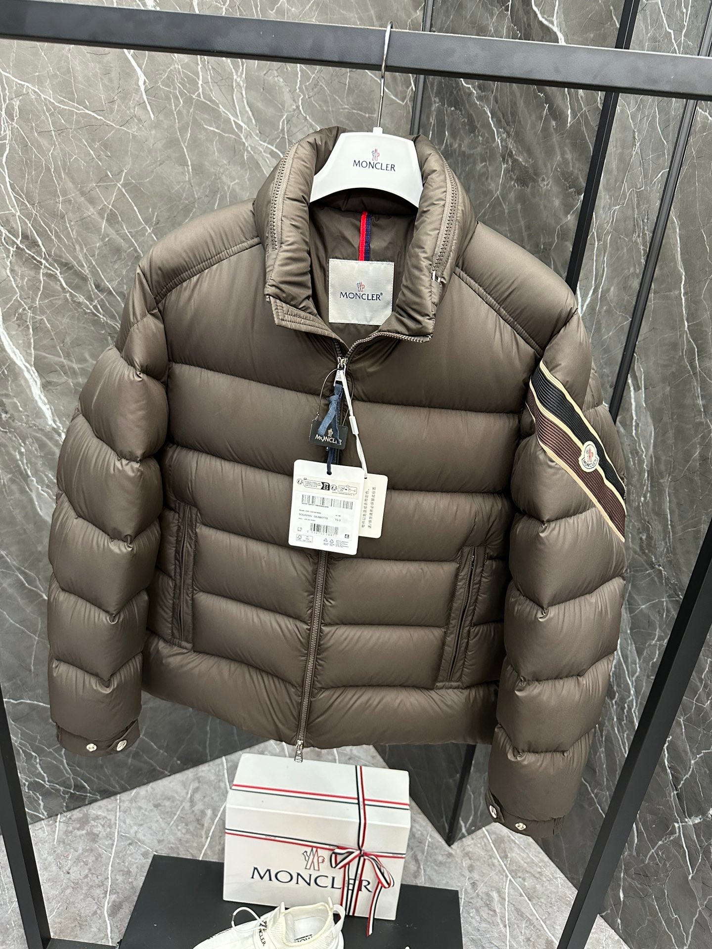 Moncler Solayan Men's Short Down Jacket Coat with Tricolor Trim